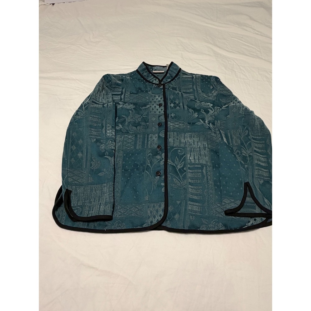 Draper & Damons Teal Blue Jacquard Mandarin Collar Button Front Jacket XL